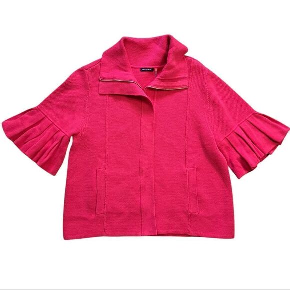 Magaschoni Barbiecore Full Zip Knit Top Cardigan Ruffled Sleeve Jacket Med Pink - Picture 1 of 14